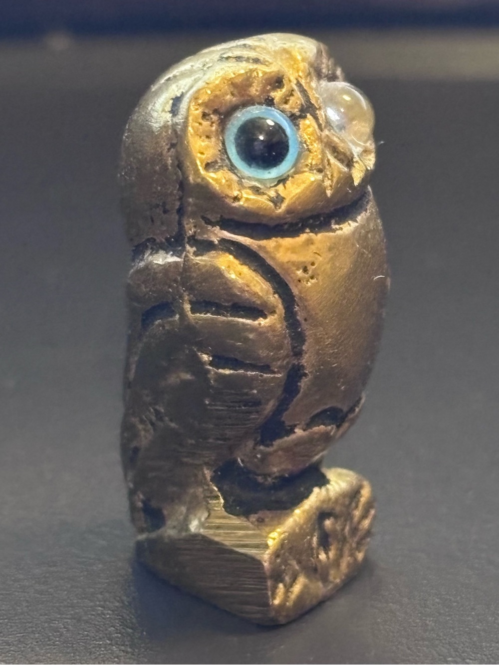 Vintage Mini Bronze Brass Owl Figurine AΘE AOE Mark Blue Glass Eyes Greek Athena - Picture 2 of 11
